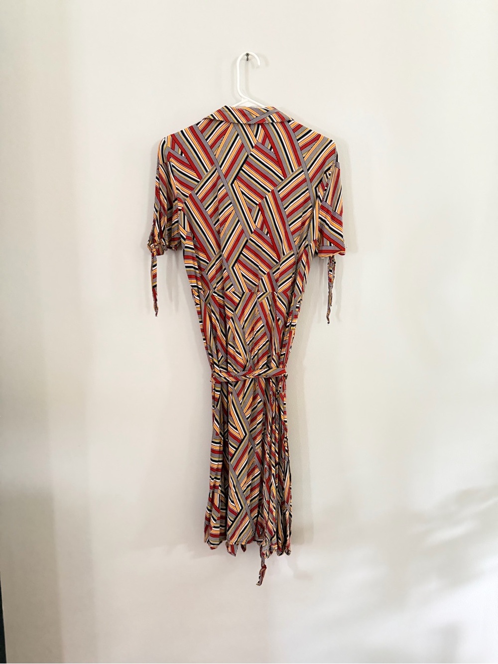 Noisy May Multi-Stripe Wrap Midi Dress in Red, Yellow & Blue - Picture 4 of 4